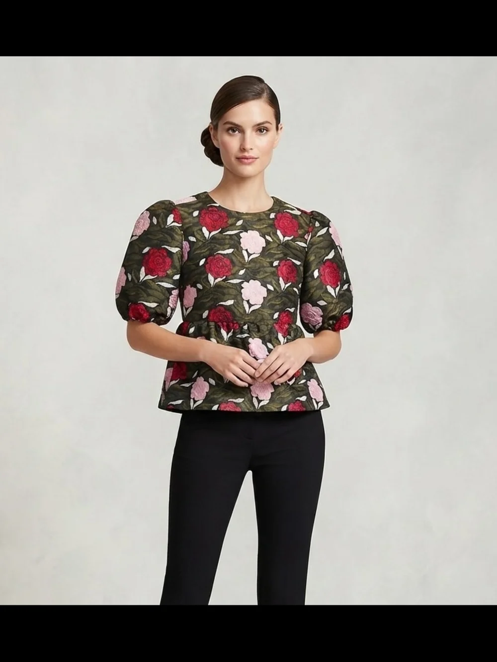 kate spade Olive Floral Puff-Sleeve Blouse with Red & Pink Roses